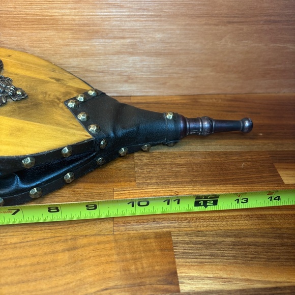 Vintage LEATHER & Wood BELLOW Fireplace Blower Fan Metal EAGLE emblem 14” Long - Picture 7 of 8